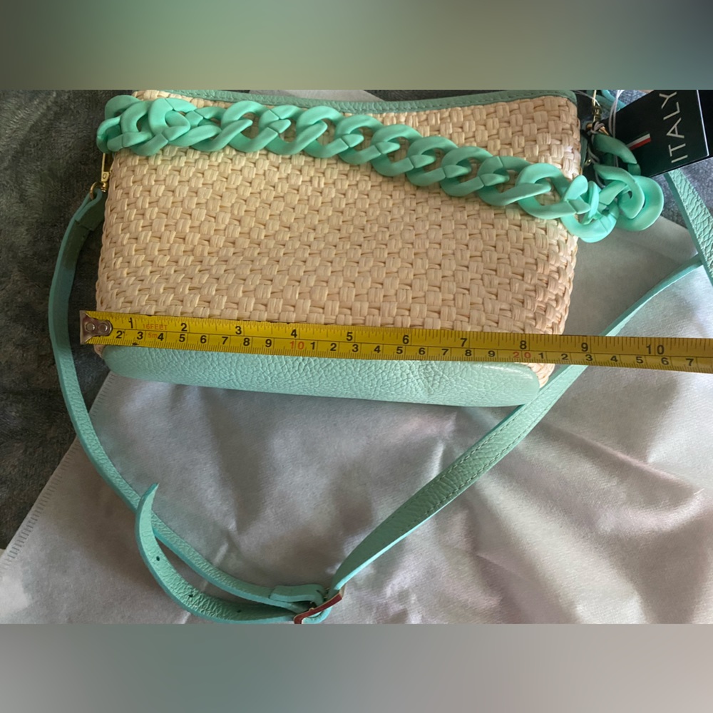 STELLA BIANCA Aqua Raffia Chain Crossbody Bag With Leather Trim Made In … - Picture 8 of 11